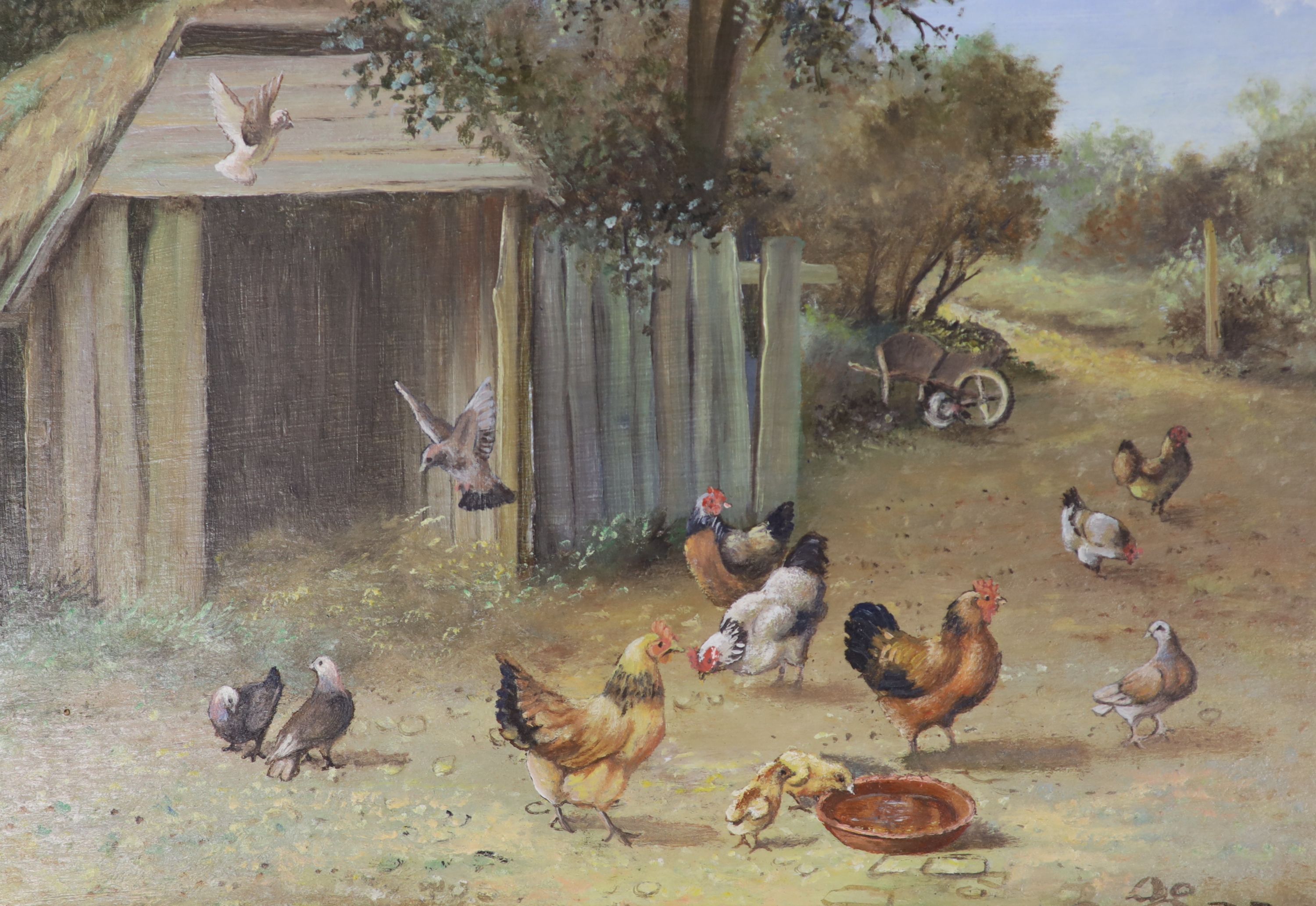 D.E., two oils on panel, Chickens in farmyards, 13 x 14cm and 13 x 19cm
